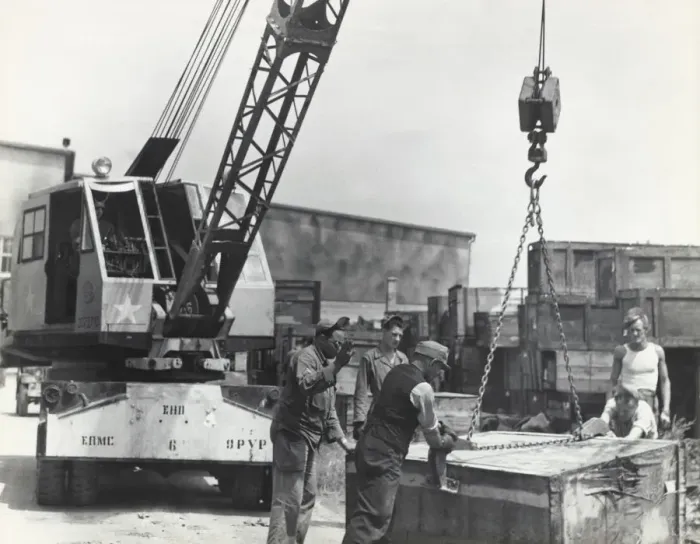 Framed Print : Airmen and German Men with a Crane Preparing to Lift a W? Framed Print : Airmen and German Men with a Crane Preparing to Lift a W?
