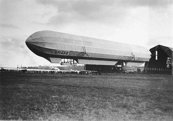 Airship Spiess Parked by a Hangar