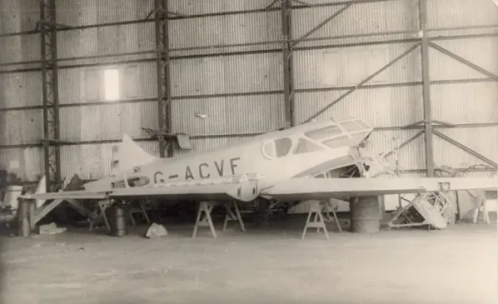 Framed Print : Airspeed AS5 Courier, G-ACVF, during rebuilding Framed Print : Airspeed AS5 Courier, G-ACVF, during rebuilding