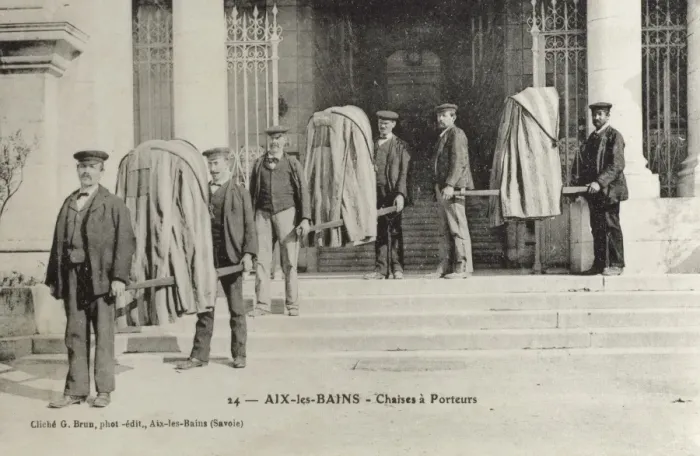 Framed Print : Aix les Bains, France - Porters with Sedan Chairs Framed Print : Aix les Bains, France - Porters with Sedan Chairs