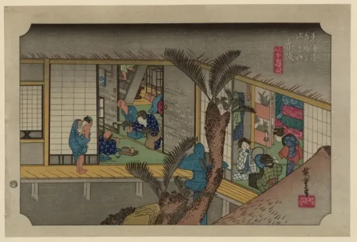 Framed Print : Akasaka. Print shows a view from a nearby rooftop into two rooms of an Framed Print : Akasaka. Print shows a view from a nearby rooftop into two rooms of an