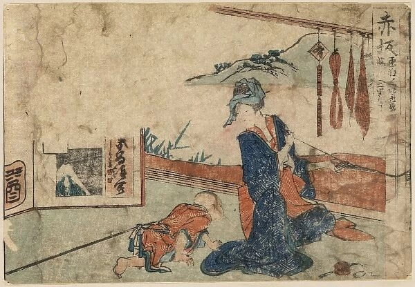 Akasaka. Print shows a woman making silk thread in a room with the sliding