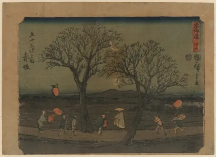 Framed Print : Akasaka. Print shows travelers, including several with lanterns Framed Print : Akasaka. Print shows travelers, including several with lanterns
