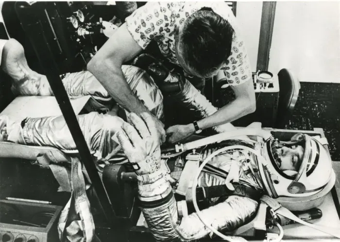 Framed Print : Alan Shepard Jr lies on his back in a tilting chair dur? Framed Print : Alan Shepard Jr lies on his back in a tilting chair dur?