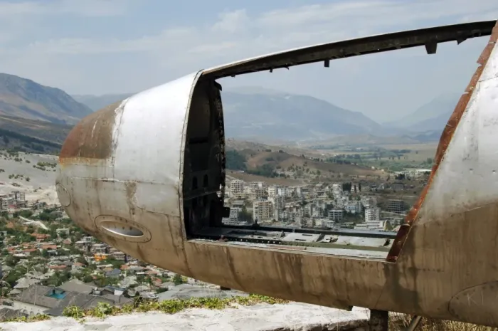 Framed Print : Albania. Gjirokaster viewed through the cockpit of the Ameri Framed Print : Albania. Gjirokaster viewed through the cockpit of the Ameri