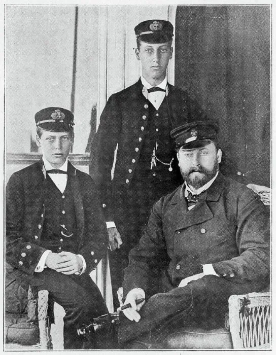 Framed Print : Albert Edward, Prince of Wales (later Edward VII) visiting his two eldest sons when they were serving for three years on board the H.M.S. Bacchante. (middle) Prince Albert Victor and Prince George (later George V). Date: May 1880 Framed Print : Albert Edward, Prince of Wales (later Edward VII) visiting his two eldest sons when they were serving for three years on board the H.M.S. Bacchante. (middle) Prince Albert Victor and Prince George (later George V). Date: May 1880