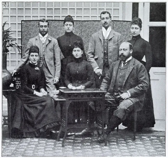 Framed Print : Albert Prince of Wales (later King Edward VII) and Alexandra Prince of Wales with their five children at Sandringham the year of their silver wedding anniversary. Date: 1888 Framed Print : Albert Prince of Wales (later King Edward VII) and Alexandra Prince of Wales with their five children at Sandringham the year of their silver wedding anniversary. Date: 1888
