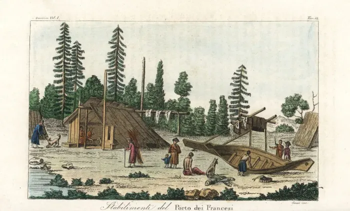 Framed Print : Aleutian natives building boats and drying fish at a village Framed Print : Aleutian natives building boats and drying fish at a village