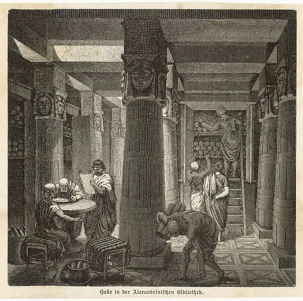 Alexandria Library. Scholars examine the scrolls of the library of Alexandria