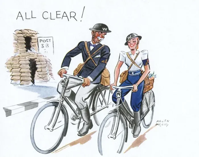 Framed Print : All Clear by Helen McKie - ARP wardens on bicycles Framed Print : All Clear by Helen McKie - ARP wardens on bicycles