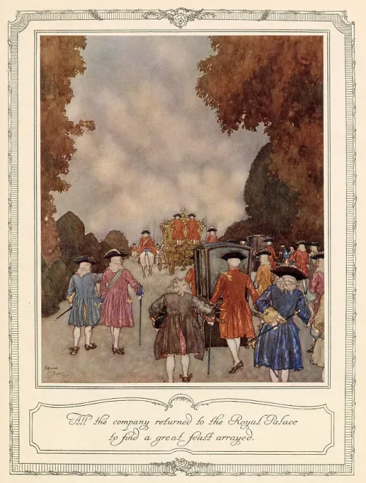Framed Print : All thecompany returned to the Royal Palace to find a great feast arrayed. Illustration by Edmund Dulac to The Sleeping Beauty. Date: 1911 Framed Print : All thecompany returned to the Royal Palace to find a great feast arrayed. Illustration by Edmund Dulac to The Sleeping Beauty. Date: 1911