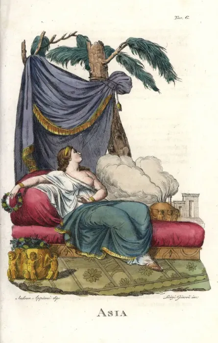 Framed Print : Allegorical depiction of Asia reclining on a bed Framed Print : Allegorical depiction of Asia reclining on a bed