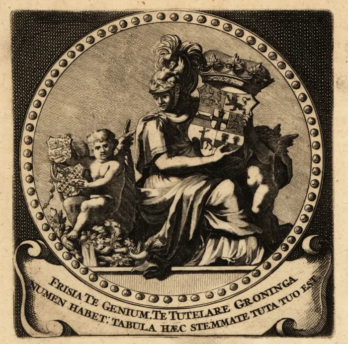 Framed Print : Allegorical figure of Friesland and Groningen with Framed Print : Allegorical figure of Friesland and Groningen with