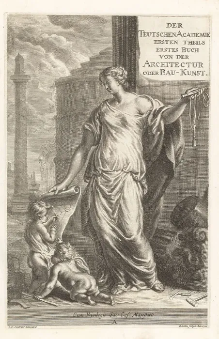 Framed Print : Allegorical frontispiece with personification of Architecture Framed Print : Allegorical frontispiece with personification of Architecture