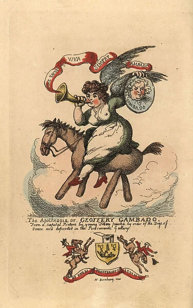 Allegorical illustration of a winged woman riding