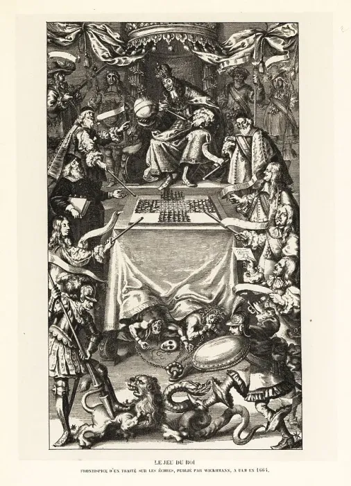 Framed Print : Allegorical print showing a game of four-handed chess Framed Print : Allegorical print showing a game of four-handed chess