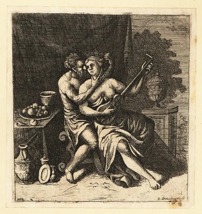 Framed Print : Allegorical scene with man seducing a woman as she plays guitar Framed Print : Allegorical scene with man seducing a woman as she plays guitar
