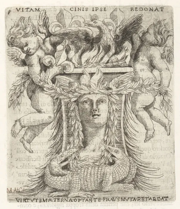 Framed Print : Allegorical vignette with phoenix, putti and crocodiles Framed Print : Allegorical vignette with phoenix, putti and crocodiles