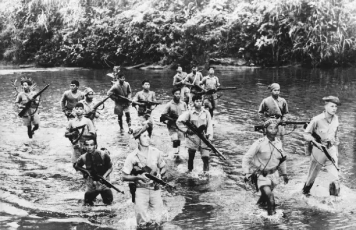Framed Print : Allied scouts cross a Burmese Jungle stream Framed Print : Allied scouts cross a Burmese Jungle stream