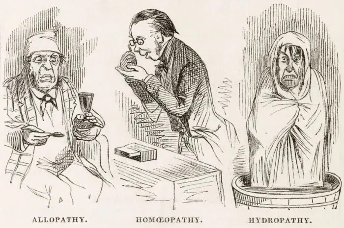 Framed Print : Allopathy - Homeopathy - Hydropathy - the options available in the 1850s Date: 1853 Framed Print : Allopathy - Homeopathy - Hydropathy - the options available in the 1850s Date: 1853