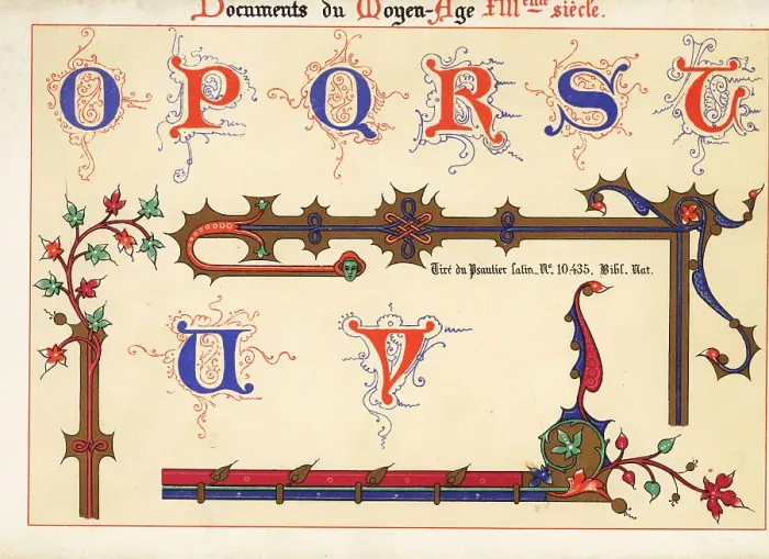 Framed Print : Alphabet of decorative initial letters O to V, 13th century Framed Print : Alphabet of decorative initial letters O to V, 13th century