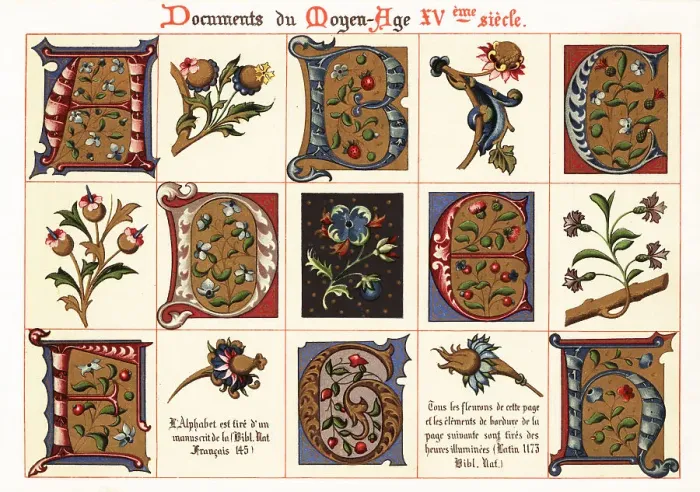 Framed Print : Alphabet and fleurons taken from 15th century illuminated manusc Framed Print : Alphabet and fleurons taken from 15th century illuminated manusc