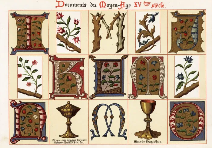 Framed Print : Alphabet and fleurons taken from 15th century illuminated manusc Framed Print : Alphabet and fleurons taken from 15th century illuminated manusc