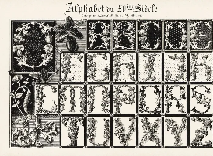Framed Print : Alphabet of illuminated initial letters with foliage, 15th centu Framed Print : Alphabet of illuminated initial letters with foliage, 15th centu