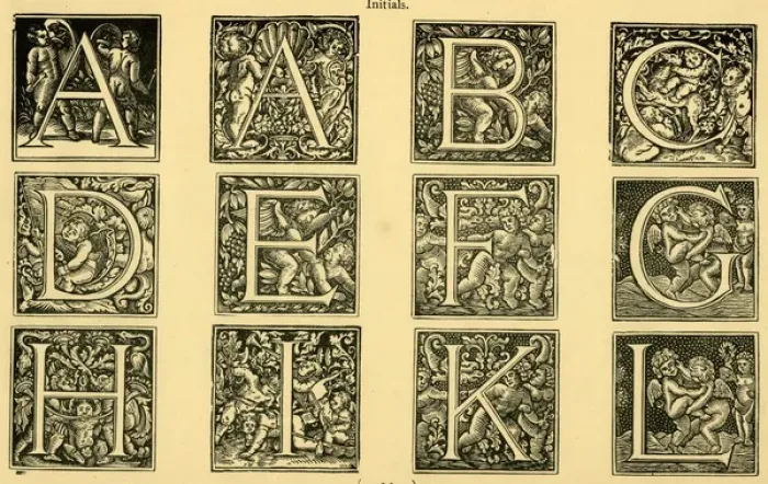Framed Print : Alphabet with putti, ornate initials A-L Framed Print : Alphabet with putti, ornate initials A-L