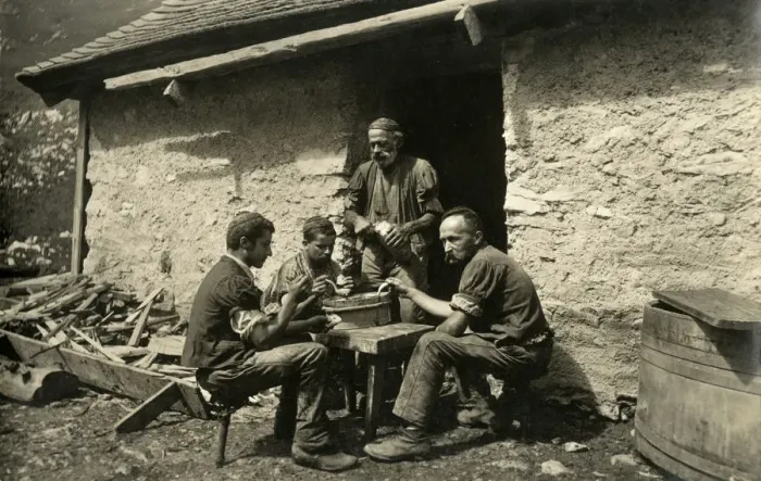 Framed Print : Alpine Dairy Herdsmen (Sennen) eat their evening meal Framed Print : Alpine Dairy Herdsmen (Sennen) eat their evening meal