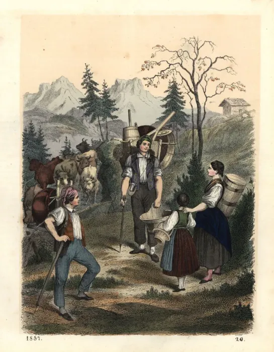 Framed Print : Alpine scene with itinerant barrel seller Framed Print : Alpine scene with itinerant barrel seller