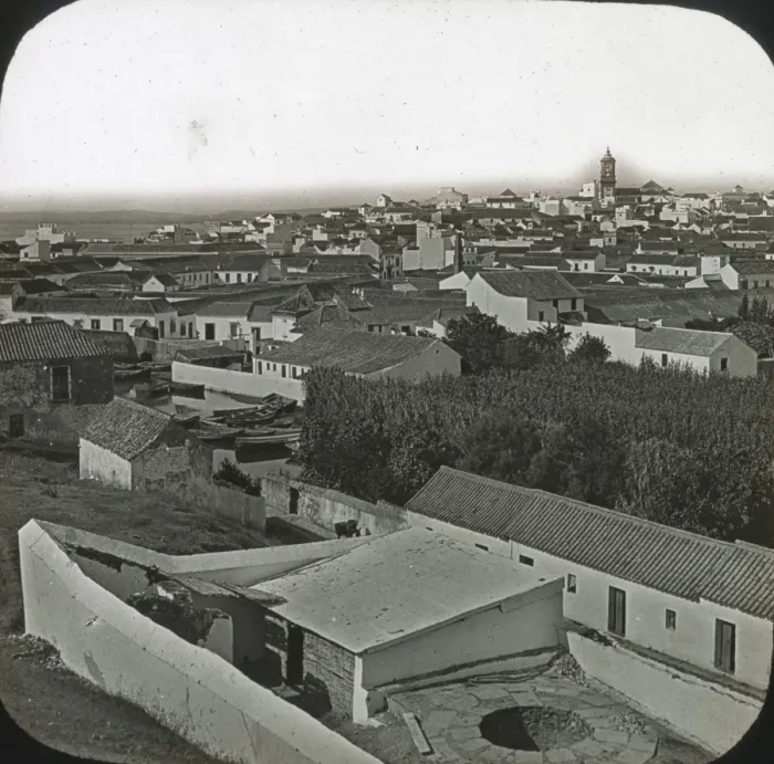 Framed Print : Alqesivas - Black and white view over town, church tower right background Date Framed Print : Alqesivas - Black and white view over town, church tower right background Date