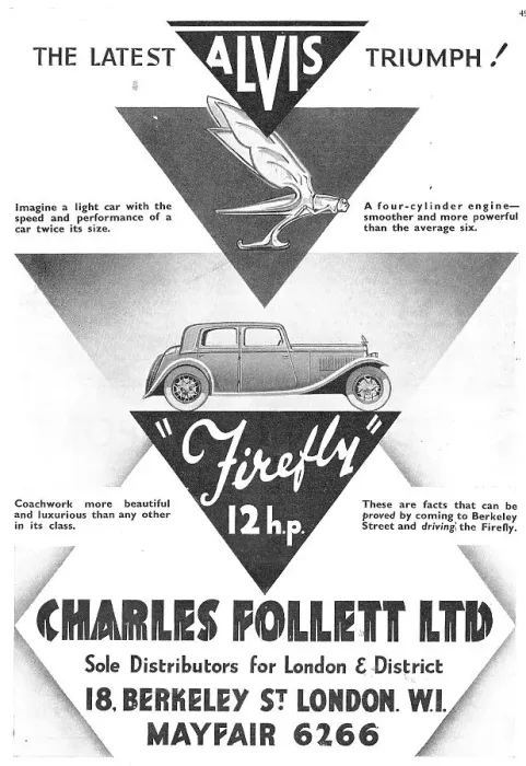 Framed Print : Alvis Cars. Charles Follett. Alvis Firefly 1933 Advert Framed Print : Alvis Cars. Charles Follett. Alvis Firefly 1933 Advert