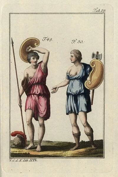 Two Amazon women warriors with lance, axe