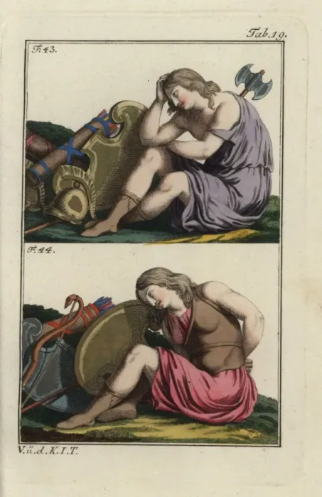 Framed Print : Two Amazons with shields and weapons, the one Framed Print : Two Amazons with shields and weapons, the one