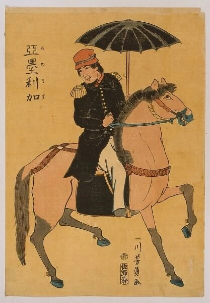 America. Japanese print shows an American soldier on horseback. Date 1862