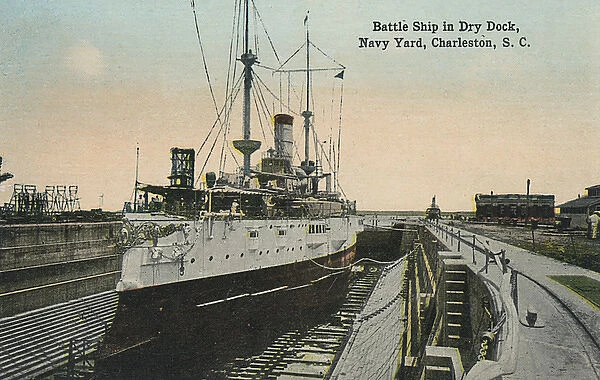American battleship in dry dock, Charleston, USA