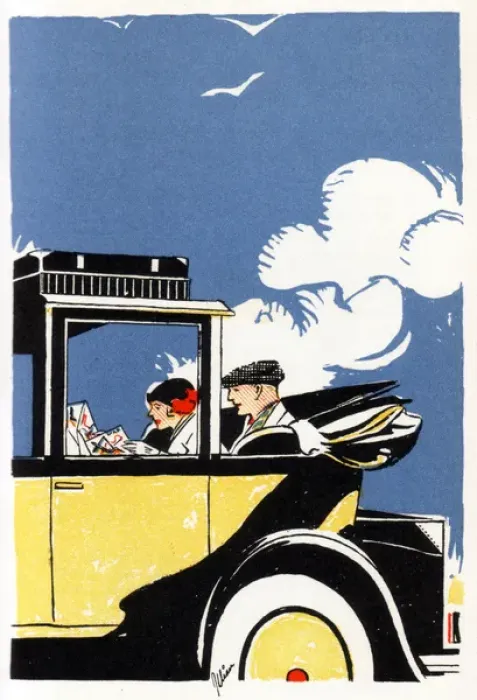 Framed Print : American couple studying a map in an elegant automobile Framed Print : American couple studying a map in an elegant automobile