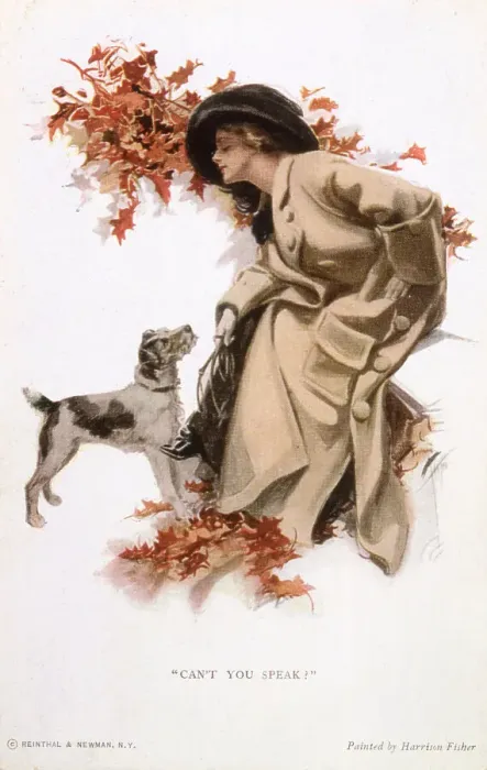 Framed Print : An American lady with her wire-haired terrier amidst the leaves of the fall. Date: 1919 Framed Print : An American lady with her wire-haired terrier amidst the leaves of the fall. Date: 1919