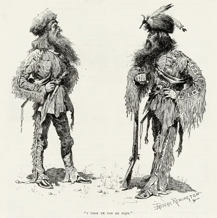 Framed Print : Two American mountain men with shaggy beards, the one on the right wearing Indian-style clothing Date: 1890 Framed Print : Two American mountain men with shaggy beards, the one on the right wearing Indian-style clothing Date: 1890
