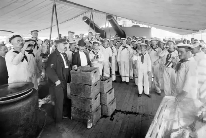 Framed Print : American Navy sailors queuing for beer on the USS Massachuse Framed Print : American Navy sailors queuing for beer on the USS Massachuse