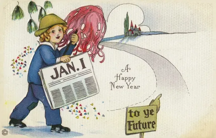 Framed Print : American New Years Card - Young boy striding into the future Framed Print : American New Years Card - Young boy striding into the future