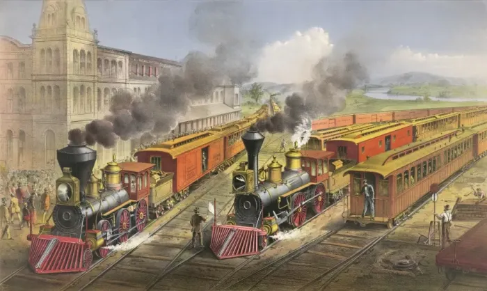 Framed Print : American railroad scene: lightning express trains leaving th Framed Print : American railroad scene: lightning express trains leaving th