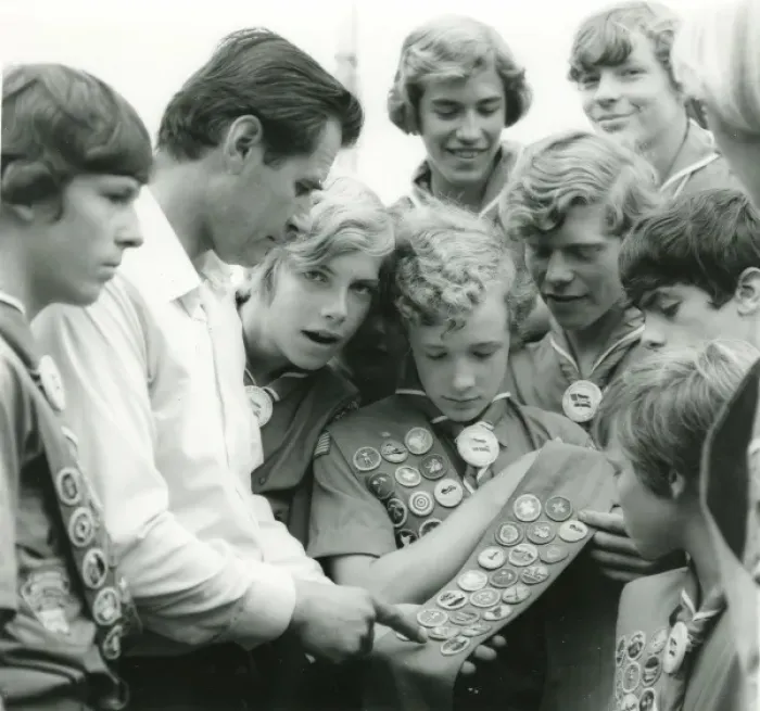 Framed Print : American Scouts looking at badges Framed Print : American Scouts looking at badges