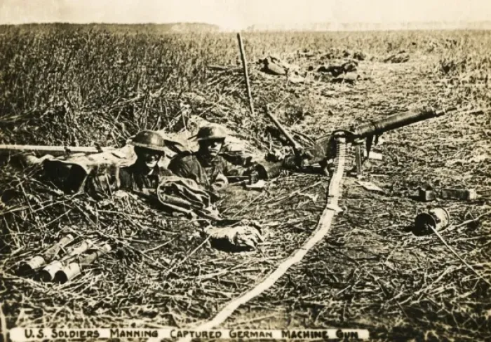 Framed Print : American soldiers with German machine gun, WW1 Framed Print : American soldiers with German machine gun, WW1