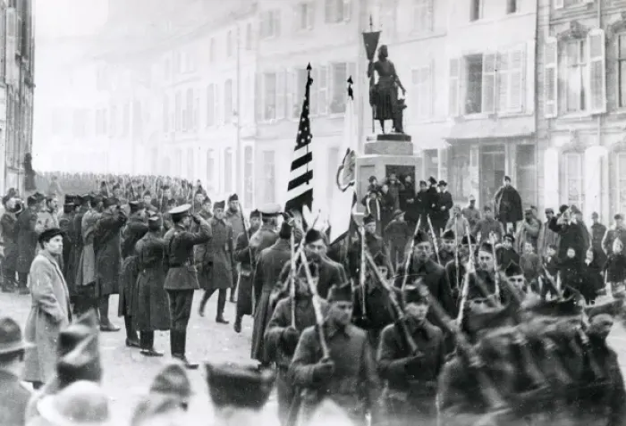 Framed Print : American troops marching through Neufchatel, WW1 Framed Print : American troops marching through Neufchatel, WW1