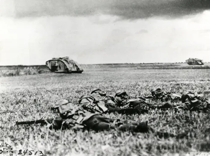 Framed Print : American troops with tanks, France, WW1