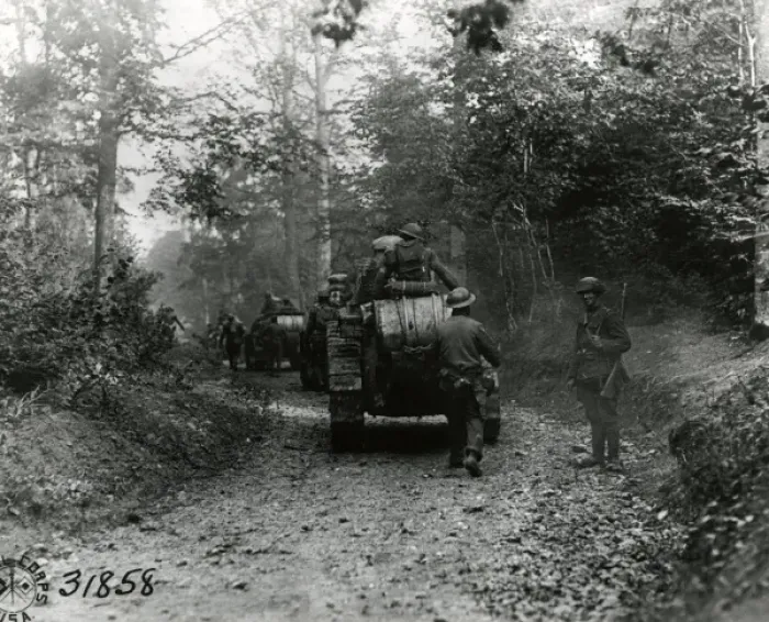 Framed Print : American troops and tanks, near Boureuilles, France, WW1 Framed Print : American troops and tanks, near Boureuilles, France, WW1