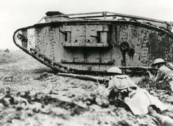 Framed Print : American troops training with British tanks, France, WW1 Framed Print : American troops training with British tanks, France, WW1