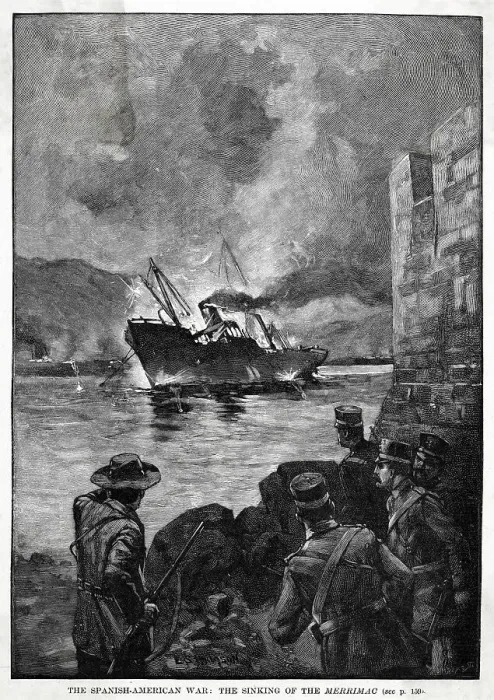 Framed Print : The American warship Merrimac is sunk at the entrance to Santiago harbour. Date: 1898 Framed Print : The American warship Merrimac is sunk at the entrance to Santiago harbour. Date: 1898